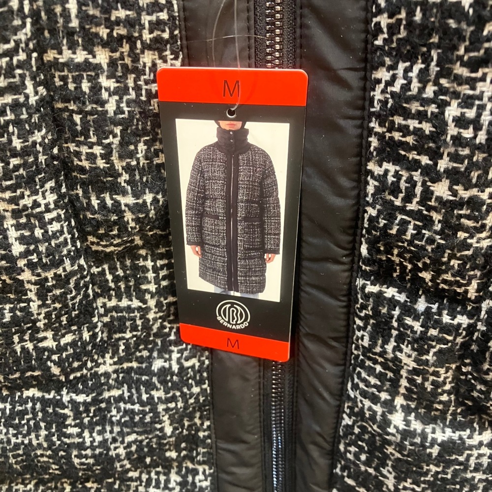 Bernardo Womens Tweed Puffer Coat Black White Mixed Media Mid Length Parka M NEW - Picture 5 of 15